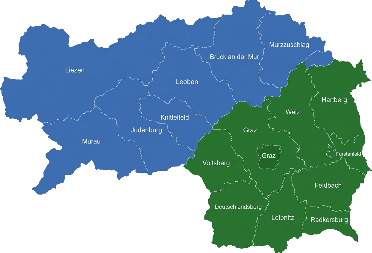 Karte des Einzugsgebiets von Firma Algenfuchs: Einsatzgebiet (grün) umfasst Graz-Stadt, Graz-Umgebung, Voitsberg, Weiz, Hartberg-Fürstenfeld, Südoststeiermark, Deutschlandsberg und Leibnitz